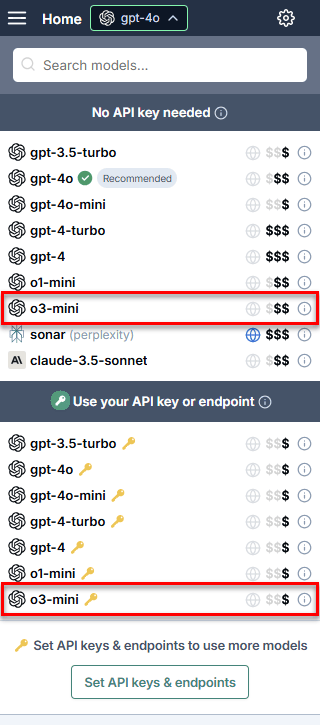 Model switcher showing OpenAI o3-mini model