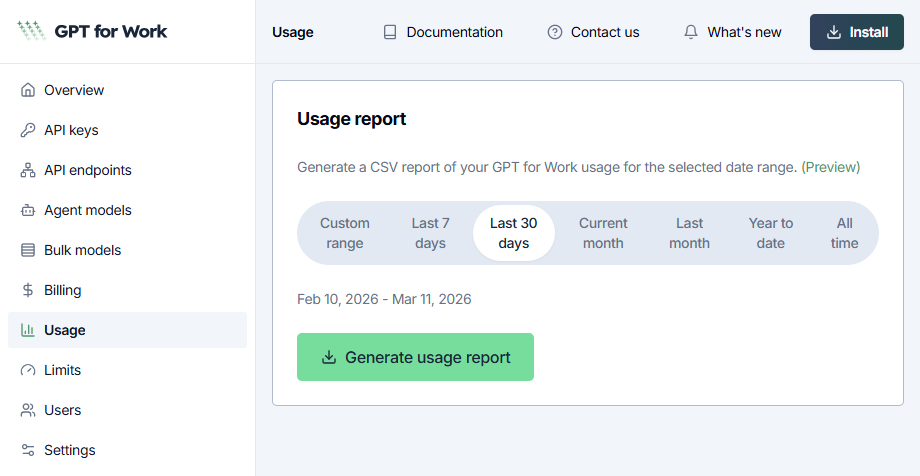 Usage report page in the GPT for Work dashboard