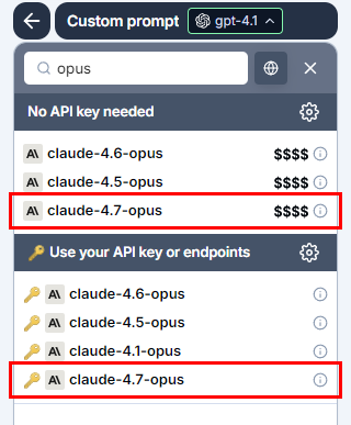 Bulk tools model switcher in GPT for Excel with Anthropic Claude Opus 4.7