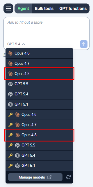 Agent model switcher in GPT for Excel with Anthropic Claude Opus 4.8