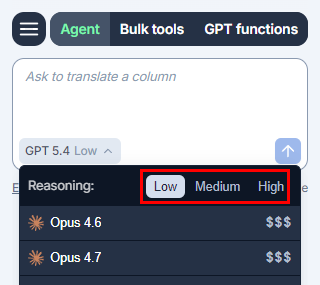 Setting the reasoning effort in the Agent model switcher in GPT for Excel