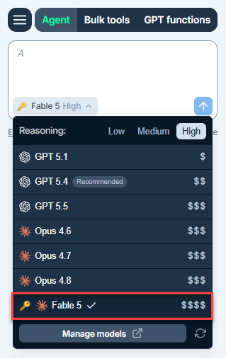 Agent model switcher in GPT for Excel with Anthropic Claude Fable 5