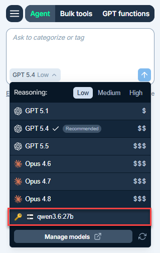 Endpoint-connect model selected in the Agent model switcher