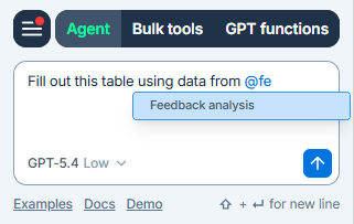 Mentioning a spreadsheet tab in the Agent chat field in GPT for Excel
