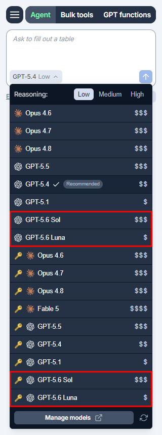 Agent model switcher in GPT for Excel with OpenAI GPT-5.6 Sol and Luna