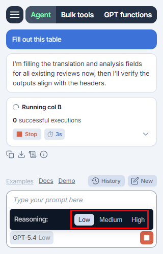 Changing the Agent model reasoning effort during a conversation in GPT for Excel
