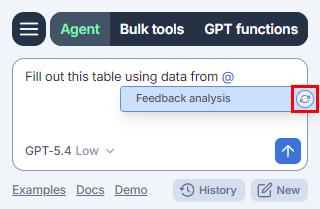 Refresh button in the sheets reference list of the Agent chat field in GPT for Excel