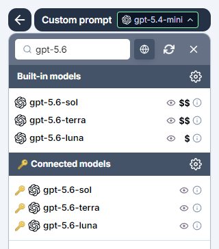 Bulk tools model switcher in GPT for Excel with OpenAI GPT-5.6 Sol, Terra, and Luna