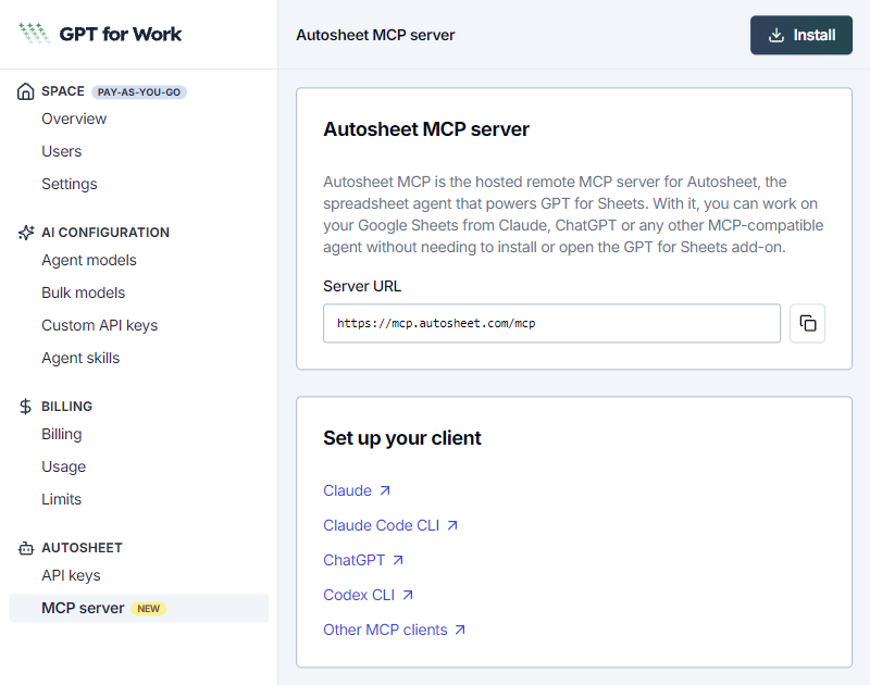 Autosheet MCP server page in the GPT for Work dashboard