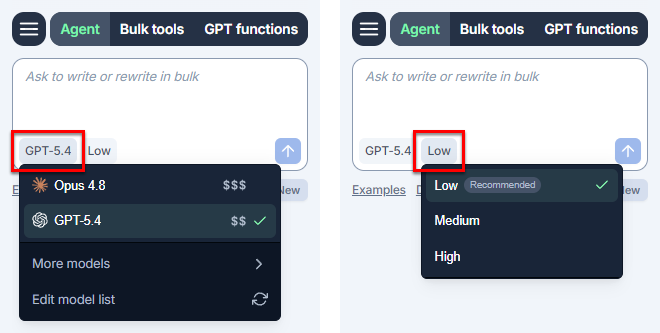 Agent model switcher and reasoning effort switcher in GPT for Excel