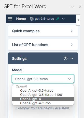 GPT-4 models in Excel model menu