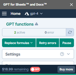 Turn spending off option in GPT for Sheets