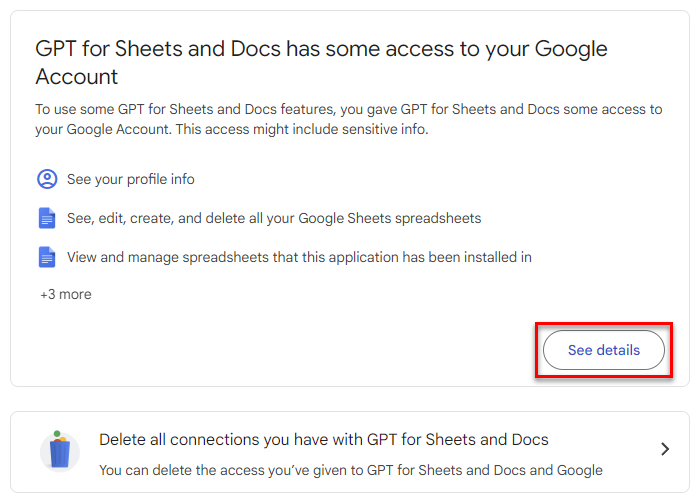 Google Account permissions page with See details button highlighted