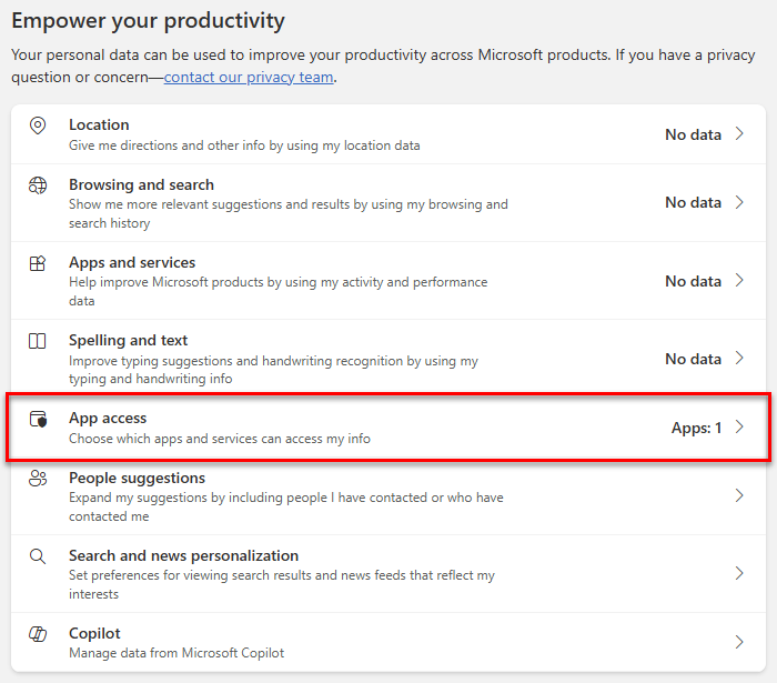 Microsoft privacy dashboard with App access option highlighted