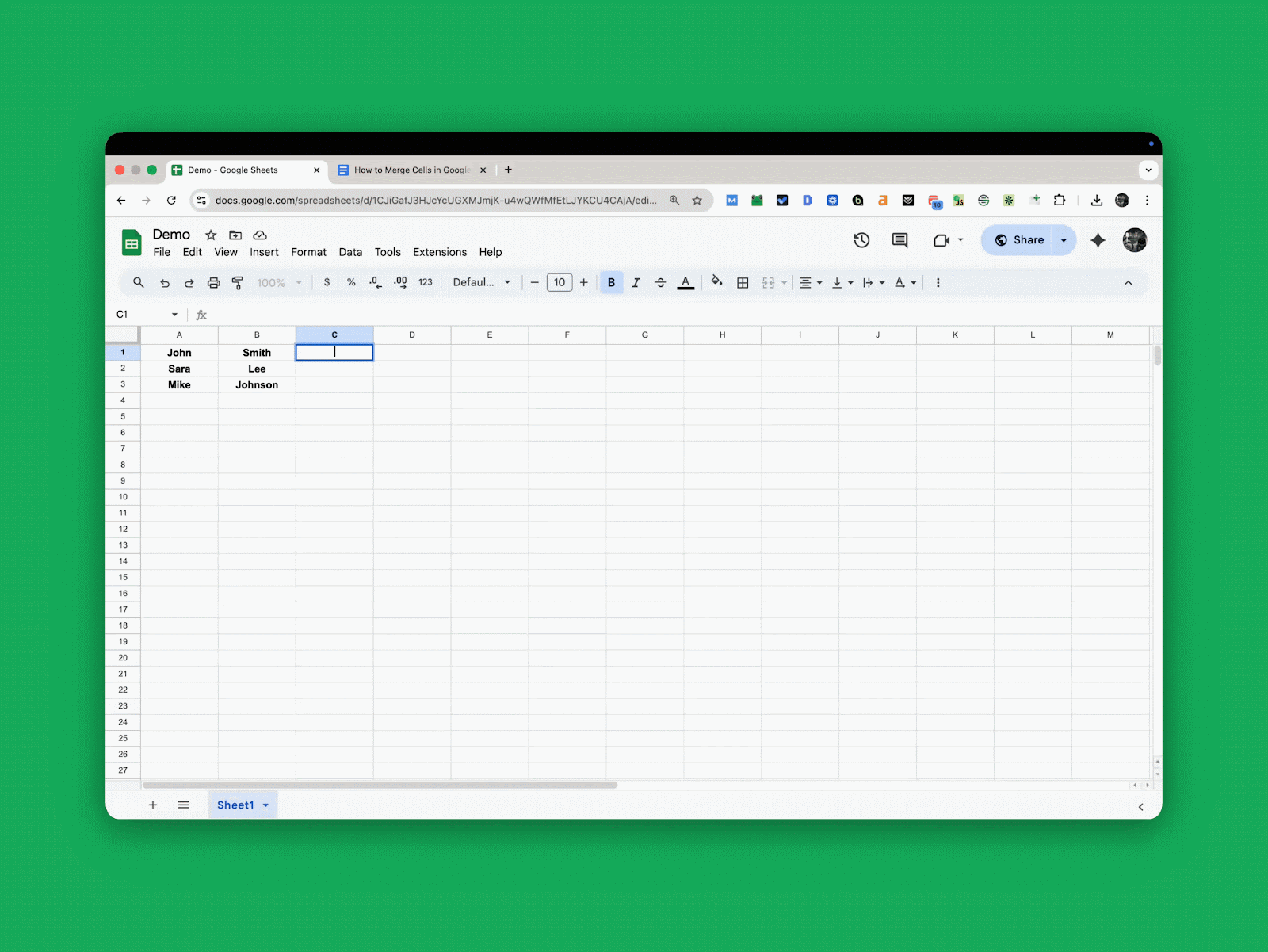 Using ARRAYFORMULA to fill a column with combined cell values