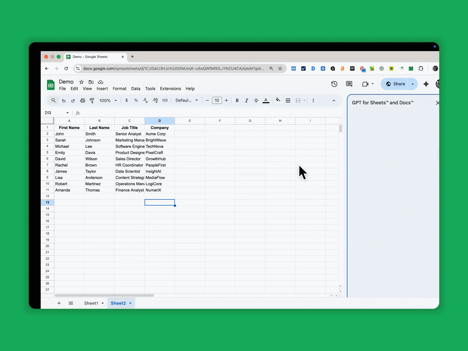 Using the GPT for Sheets Agent to combine columns in Google Sheets