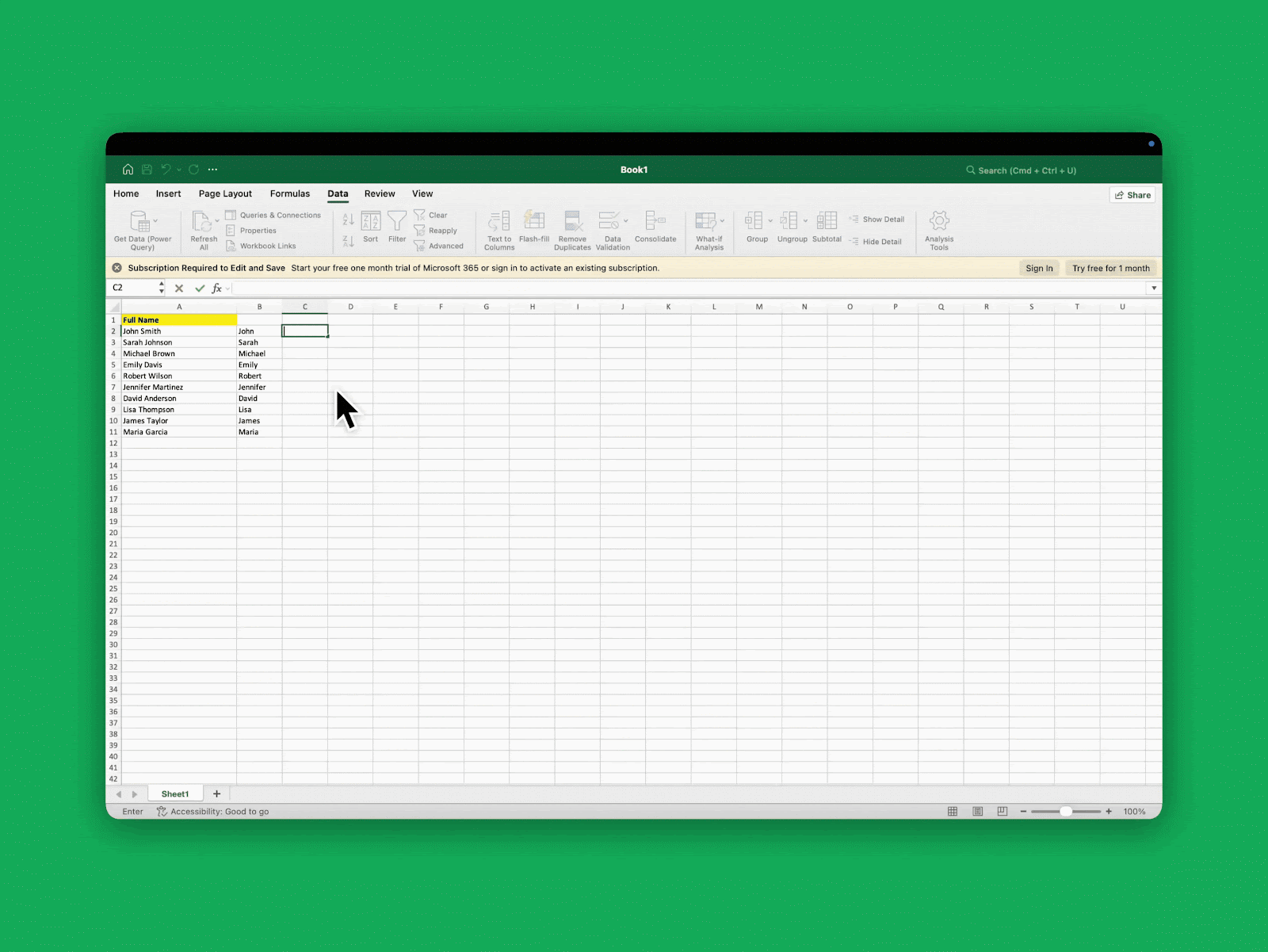 Dragging the Excel fill handle to copy first and last name formulas down the column