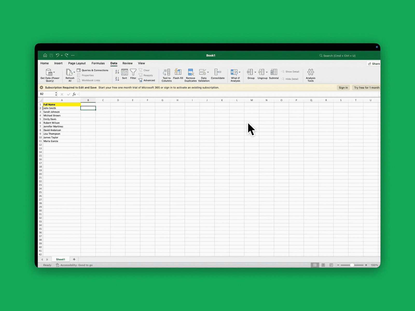 Excel worksheet showing LEFT and SEARCH formula to extract the first name from a full name in column A
