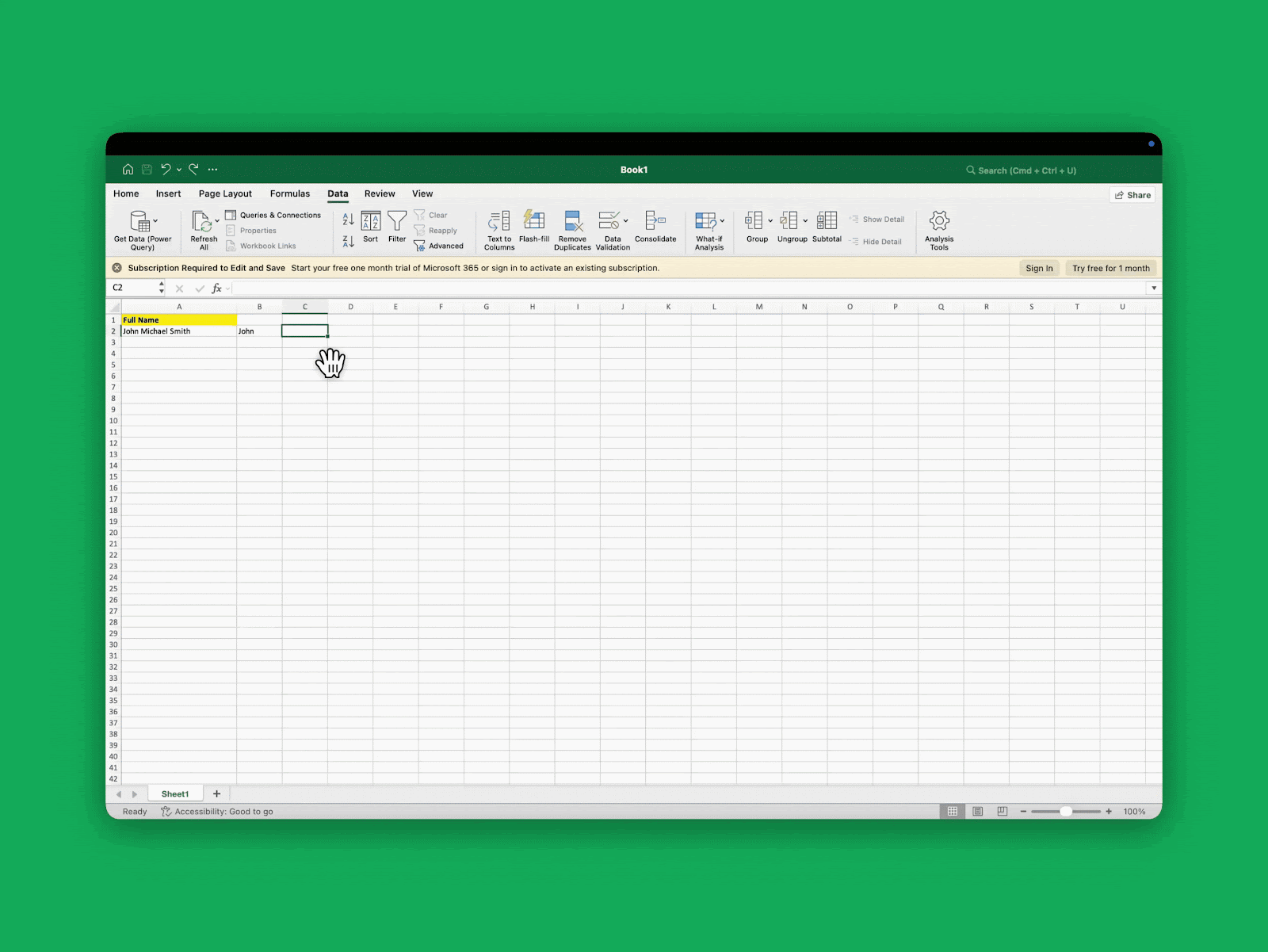 Excel worksheet using nested SEARCH in a RIGHT formula to return only the last name when a middle name is present