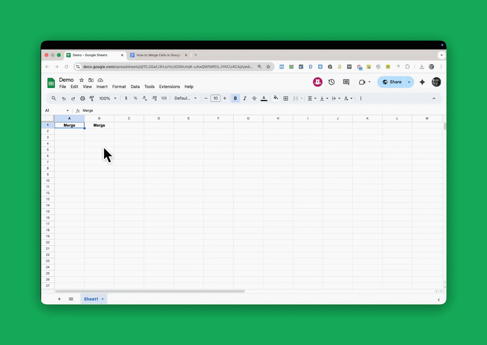 Merging cells: dropdown options from the toolbar icon in Google Sheets