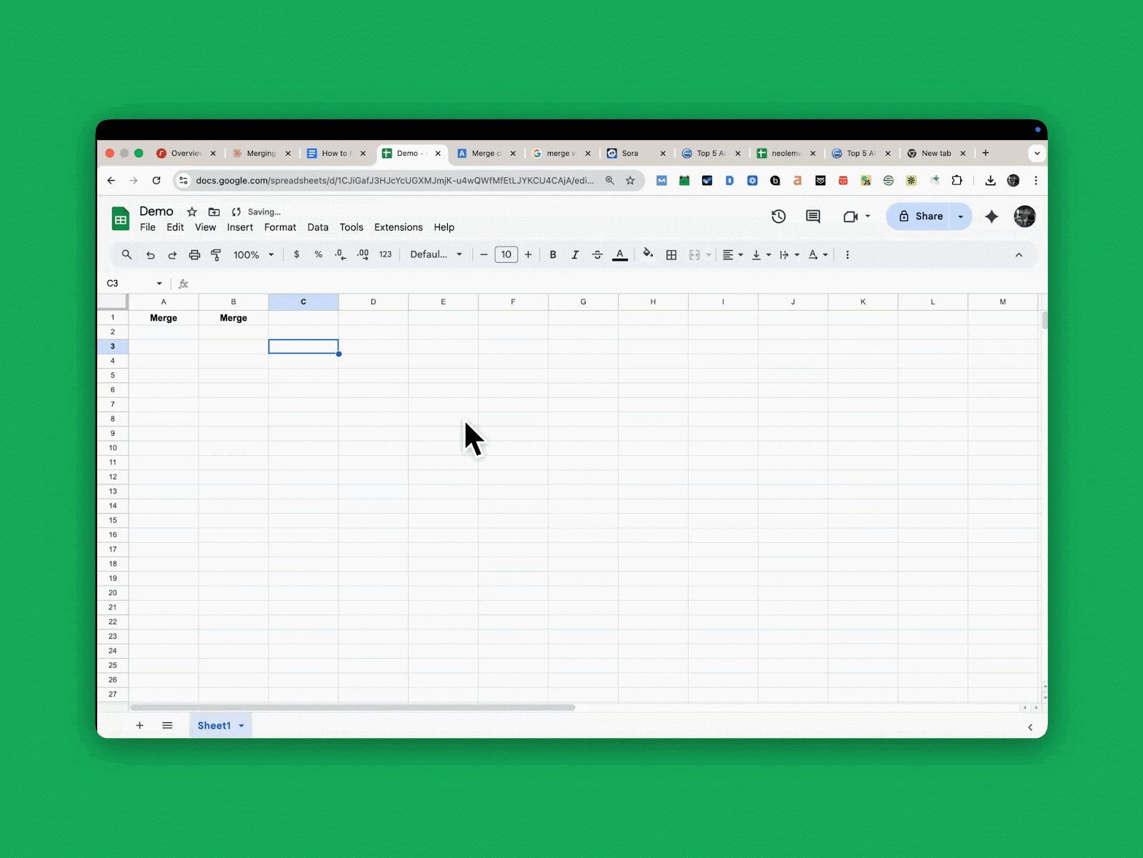 Merging cells: toolbar icon and dropdown in Google Sheets