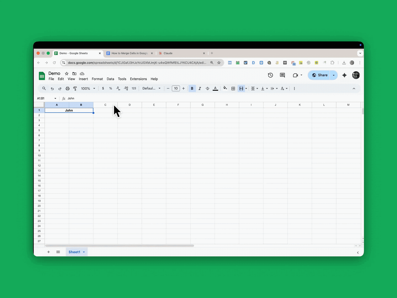 Unmerging cells: warning that data is not restored in Google Sheets