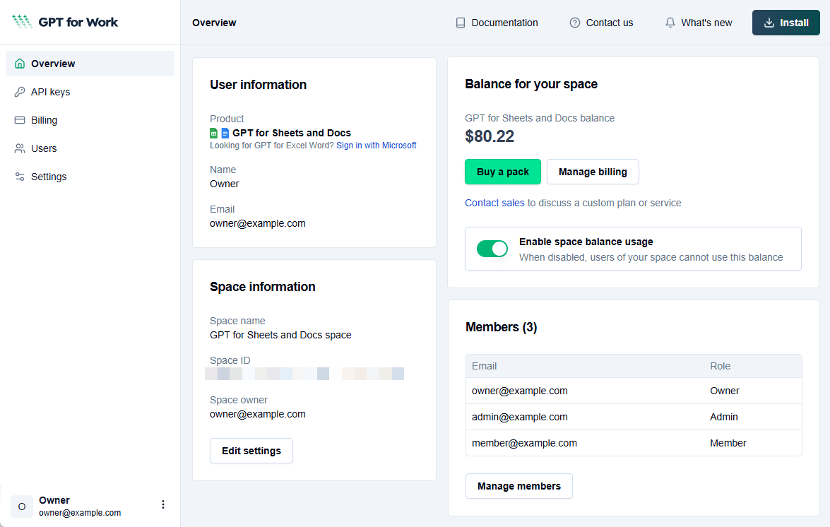 GPT for Sheets and Docs space in the GPT for Work dashboard