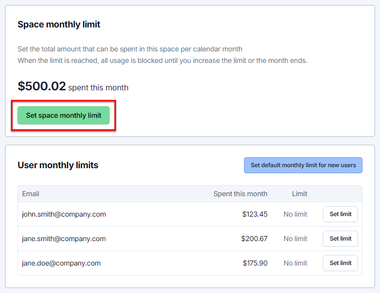 Limits screen in the GPT for Work dashboard