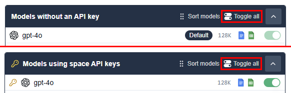 Enable or disable all models without or with an API key