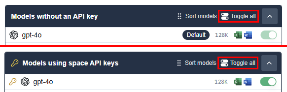 Enable or disable all models without or with an API key