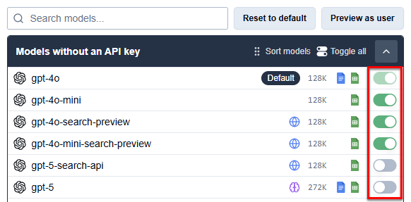 Enable or disable models for your space