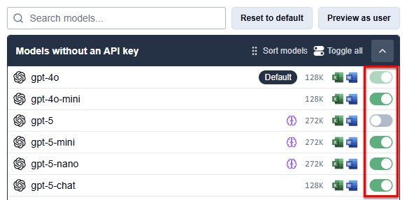 Enable or disable models for your space
