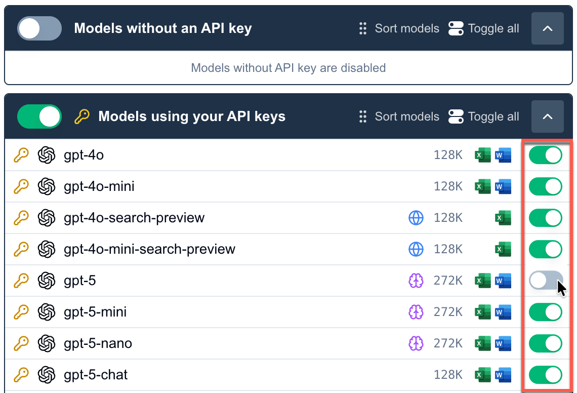 Enable or disable models for your team