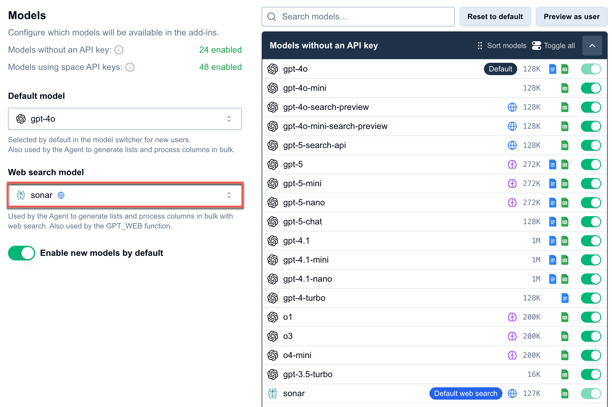 Set the web search model