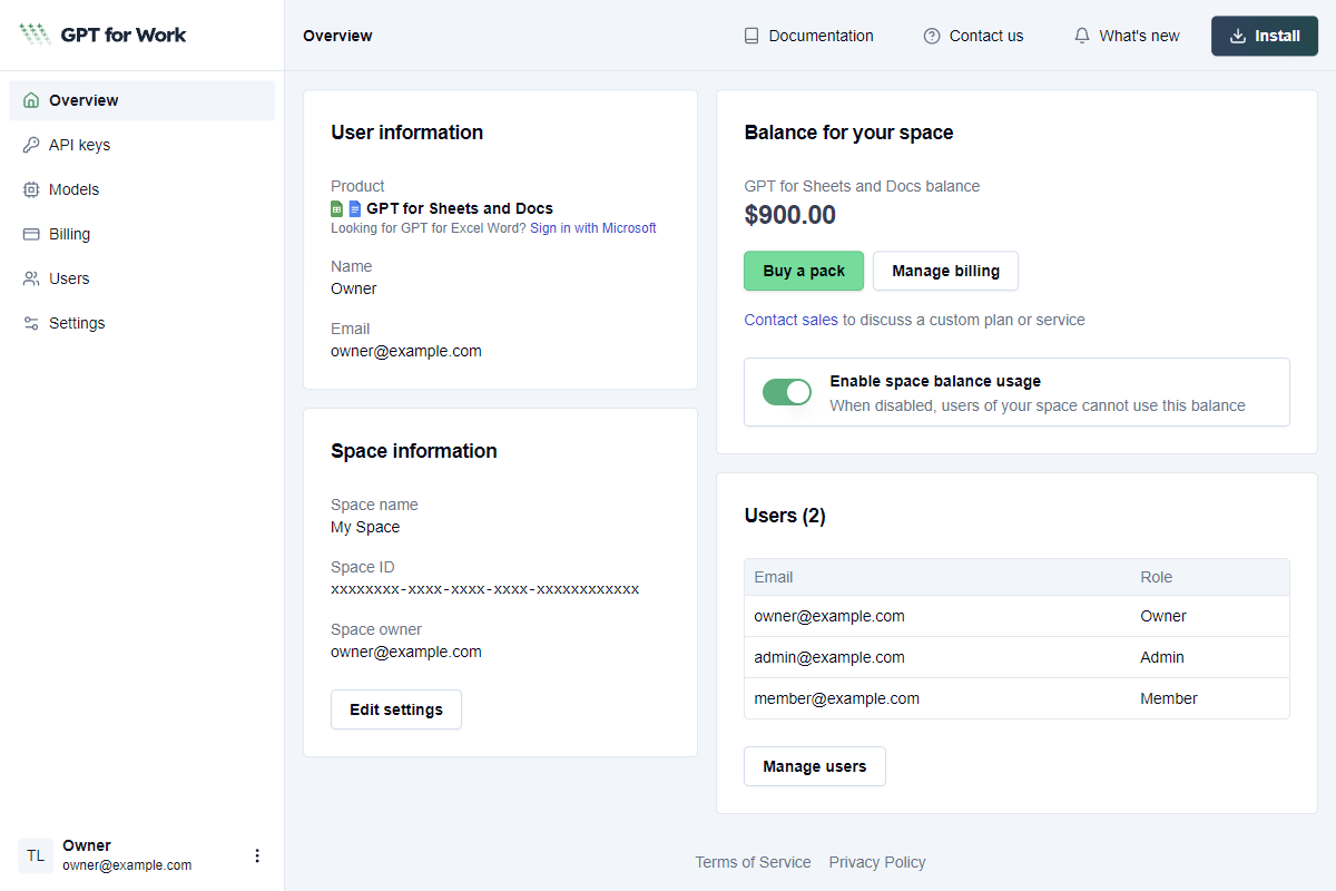 GPT for Sheets and Docs space in the GPT for Work dashboard