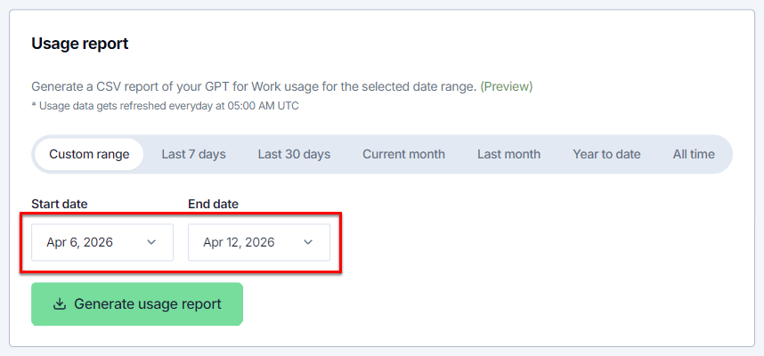 Define custom time range for usage report