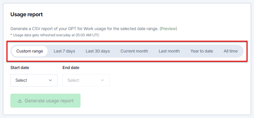 Select time range for usage report