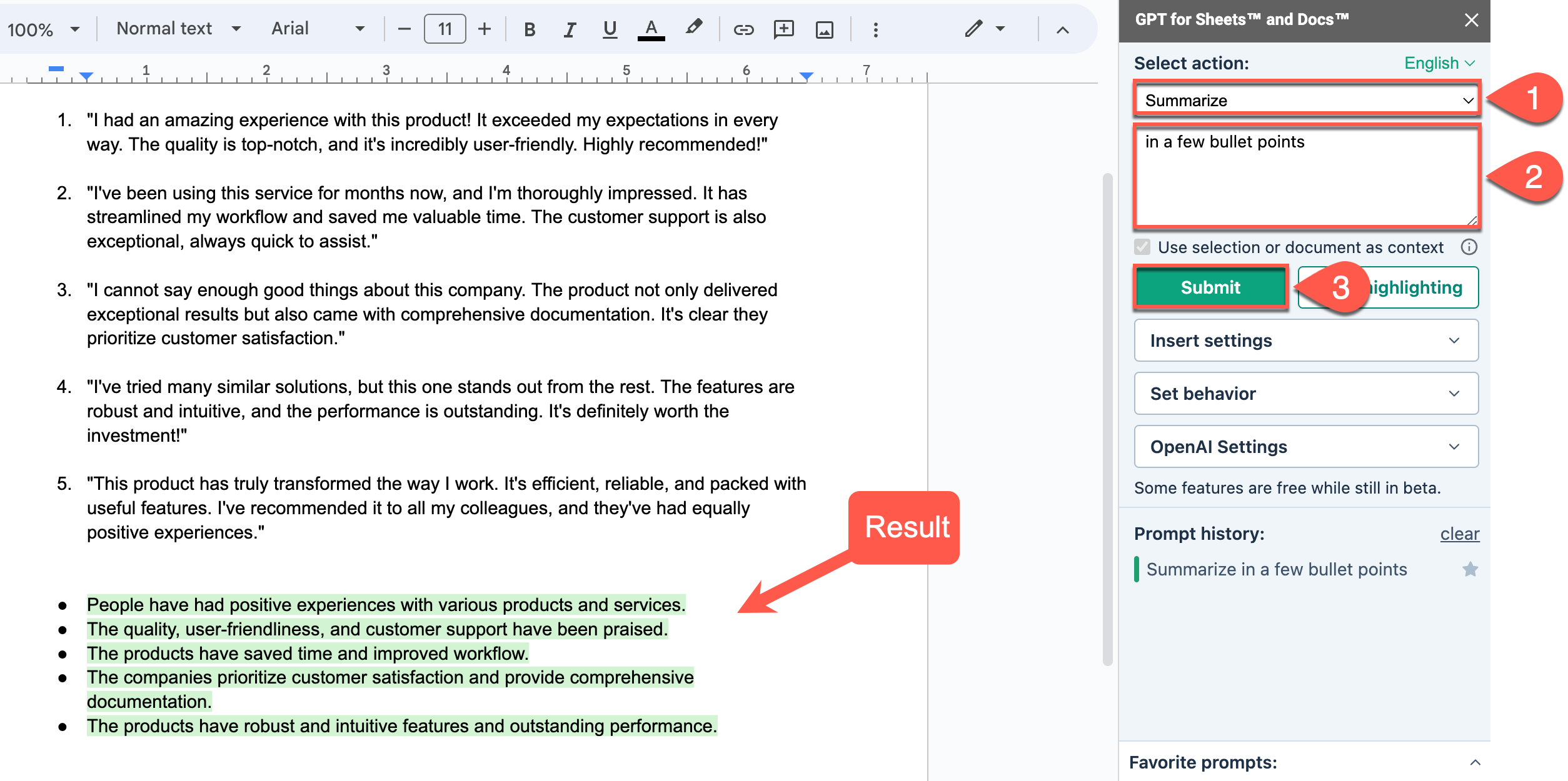 The response is condensed in bullet points that are inserted in the Google document