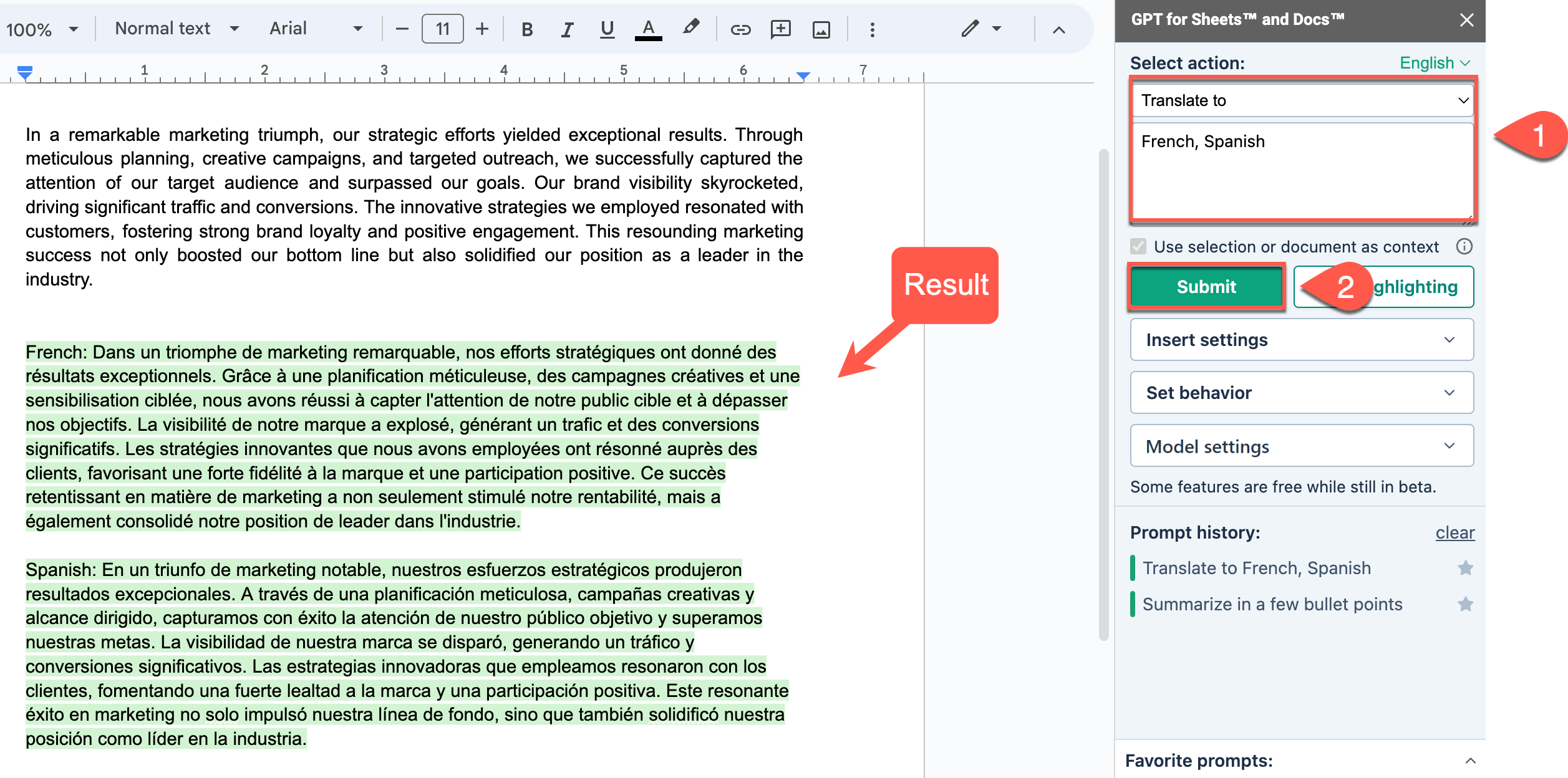 The French and Spanish translations are inserted in the Google document