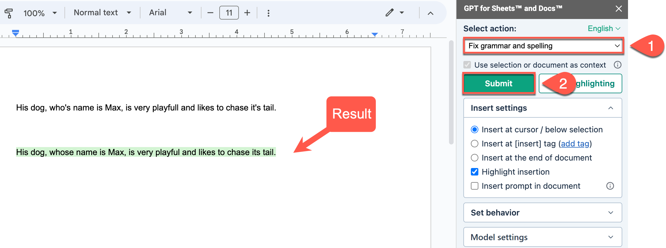 The response is rephrased without any grammar or spelling mistake in the Google document