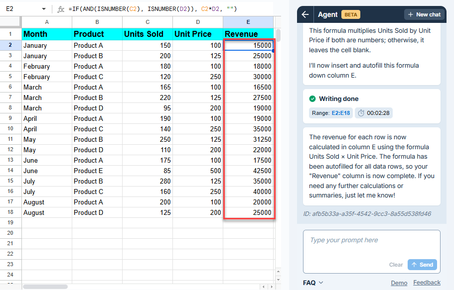 Create formulas to calculate the revenue for each row