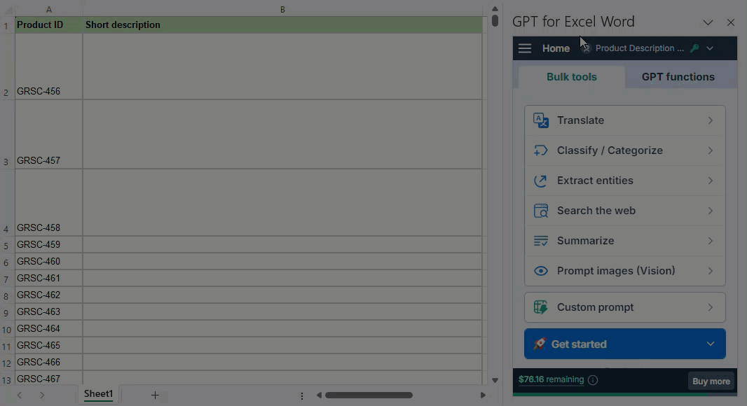 The assistant creates a description in Google Sheets when you provide a product ID.