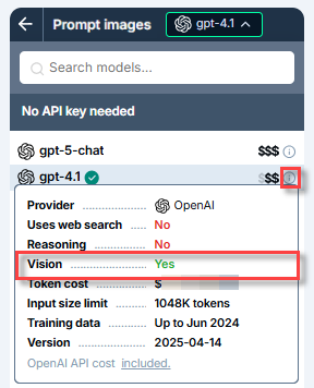 A vision model in the model switcher