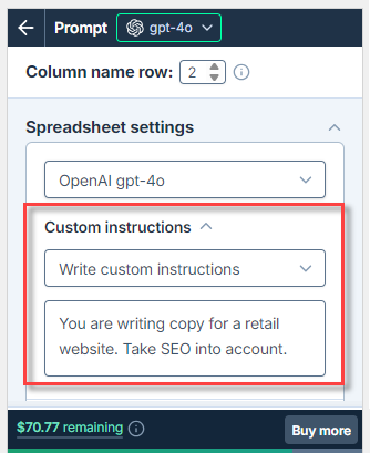 Set instructions in the Spreadsheet settings