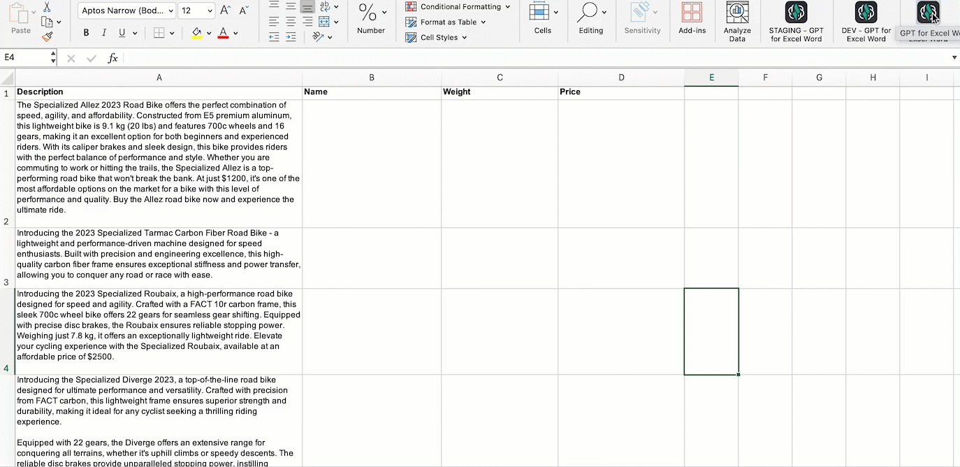 Click Home tab, GPT for Excel Word. Then Bulk tools tab, Extract entities.