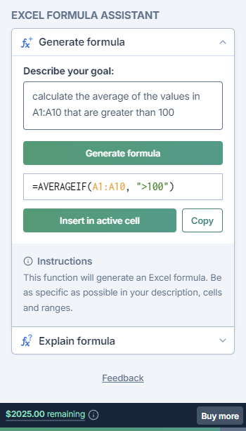 Formula assistant generation demo for Excel