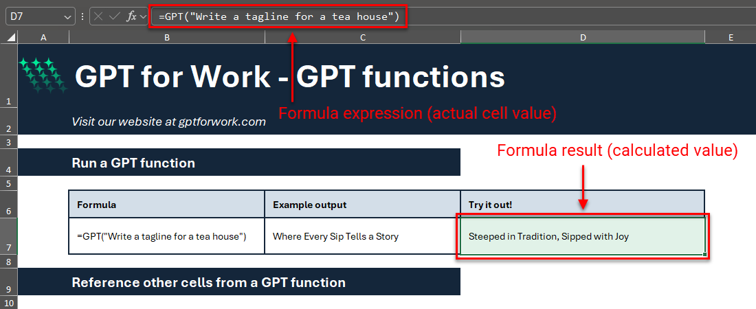 Calculated value and actual value of a GPT formula cell