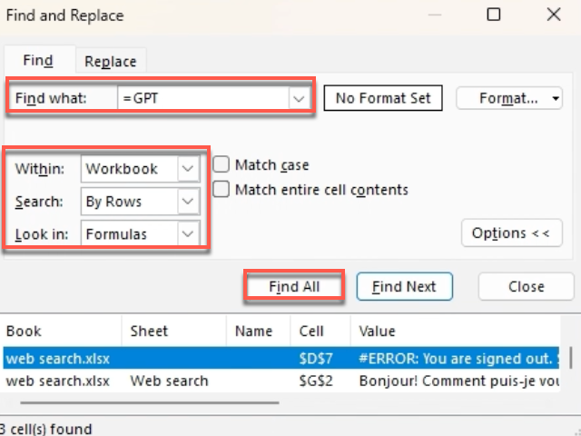 Search for GPT formulas in Excel