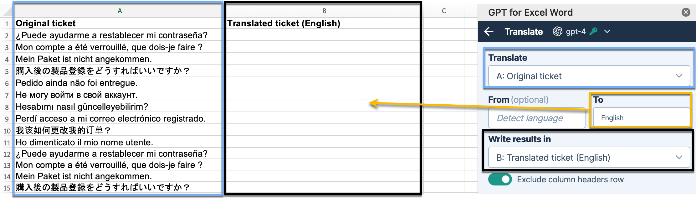 The image shows steps to select a column to translate, optionally set or auto-detect the source language, specify the target language, and choose a results column.