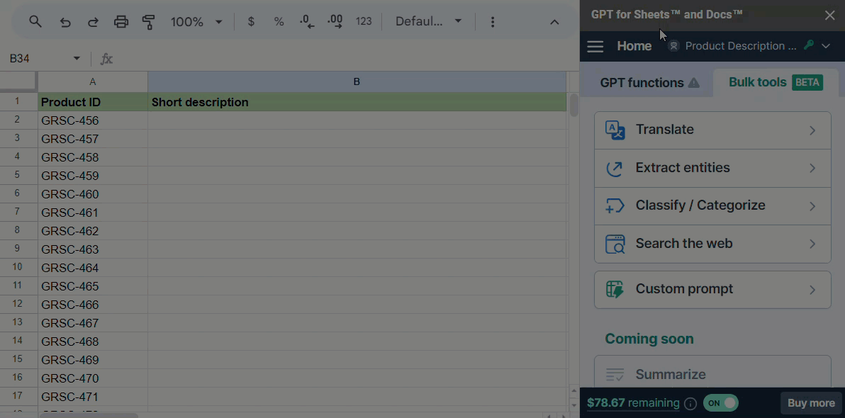 The assistant creates a description in Google Sheets when you provide a product ID.